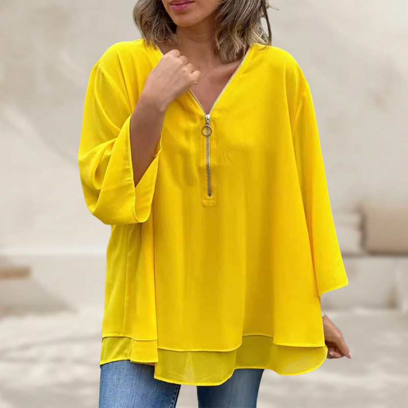 Elegantes Damen Chiffon-Top mit V-Ausschnitt und Reißverschluss