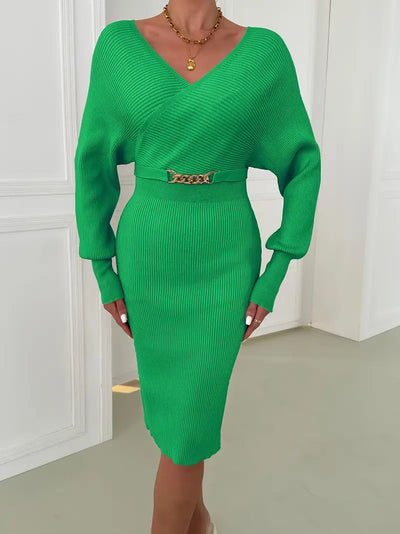 Damen Midikleid mit V-Ausschnitt und langen Ärmeln für Herbst und Winter