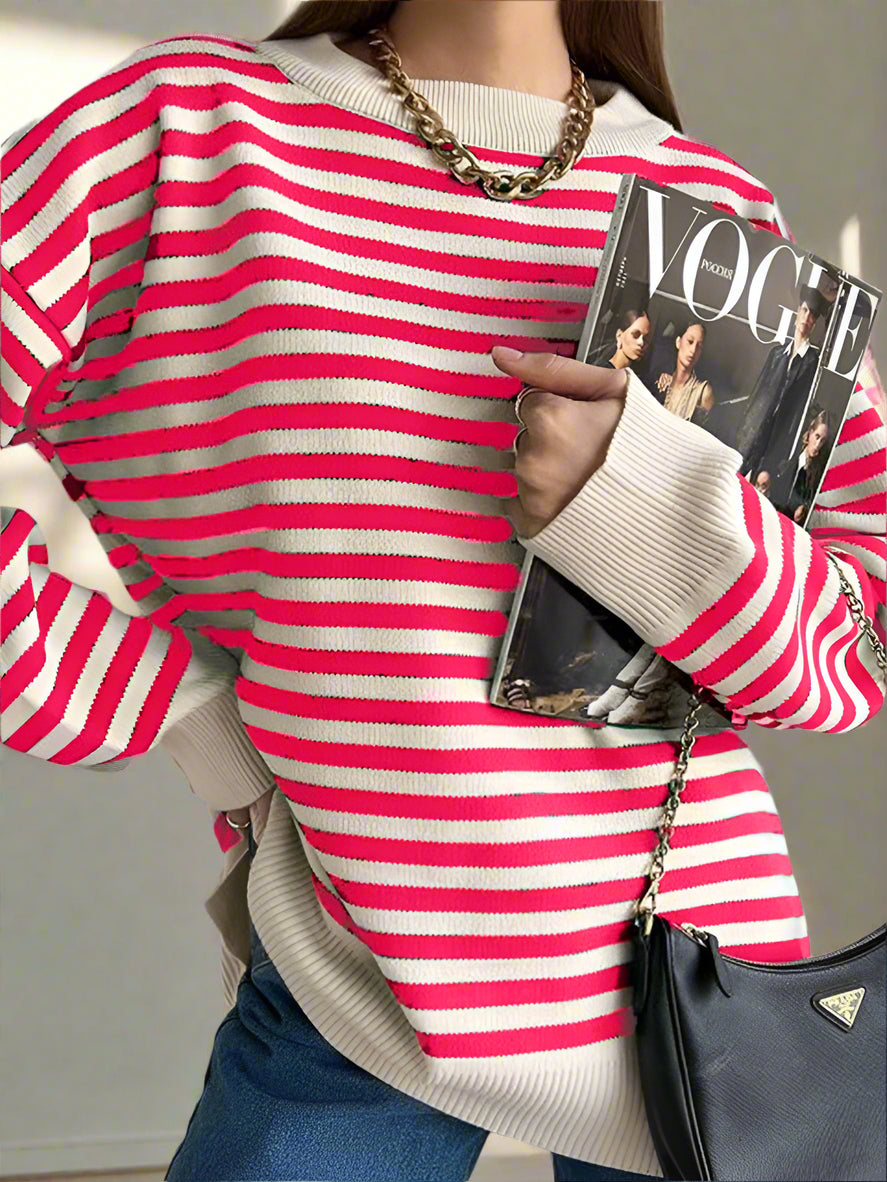 Damen Strickpullover Gestreift Oversize | Warmer Winterpullover mit Rundhals- und V-Ausschnitt