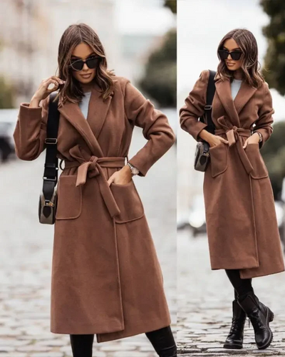 Eleganter Damenmantel - Stylischer Wintermantel mit Revers und Gürtel
