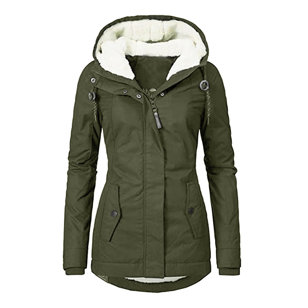 Wasserdichte Damen Winterjacke mit Teddy-Futter, Kapuze und Reißverschluss-Taschen