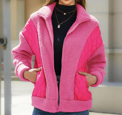 Sherpa-Jacke mit Reißverschluss und gesteppten Details für Frauen