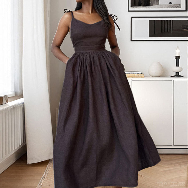 Solvej -  Damen Midi Kleid  V-Ausschnitt Mit Offener Rücken