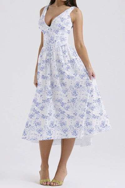 Ärmelloses Midi-Kleid V-Ausschnitt A-Line Blumendruck - Stoyan