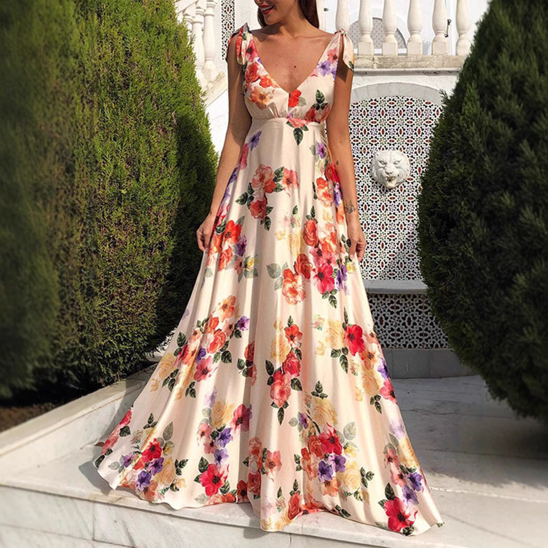 Flora – Damen Maxikleid mit Blumenmuster & Bindeträgern | Romantischer Sommer-Look für Gartenpartys & Urlaub