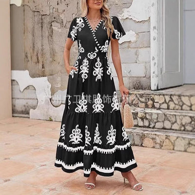 Donka - Elegantes V-Ausschnitt Blumendruck A-Linie Maxikleid