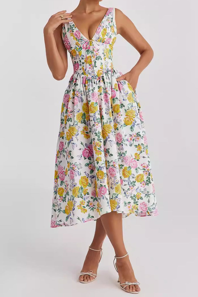 Ärmelloses Midi-Kleid V-Ausschnitt A-Line Blumendruck - Stoyan