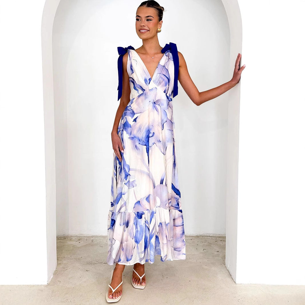 Ärmelos Damen Maxikleid Mit V-Ausschnitt und Krawattenschulter - Lóreley