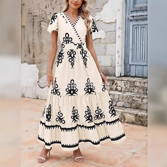 Donka - Elegantes V-Ausschnitt Blumendruck A-Linie Maxikleid