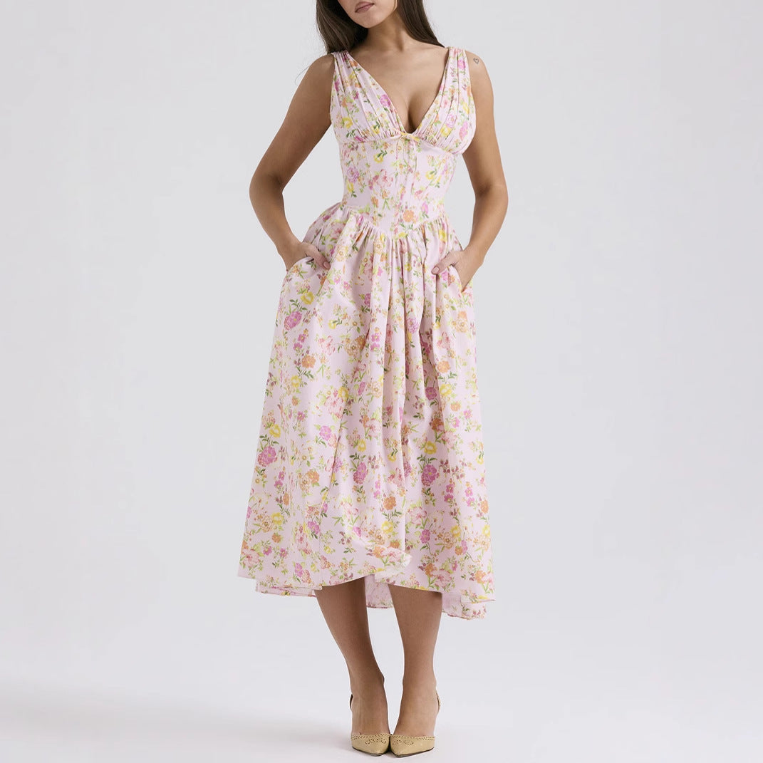 Ärmelloses Midi-Kleid V-Ausschnitt A-Line Blumendruck - Stoyan