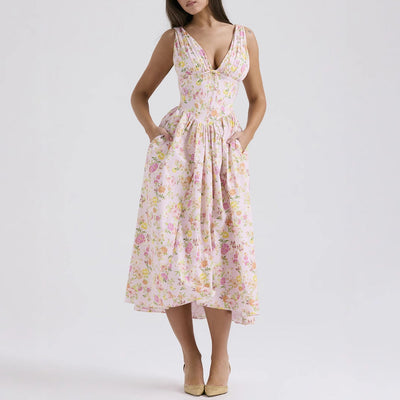 Ärmelloses Midi-Kleid V-Ausschnitt A-Line Blumendruck - Stoyan