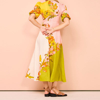 Birthe - Flared Damen A-Line Midi Kleid mit Puffärmeln und Ethnischem Blumendruck