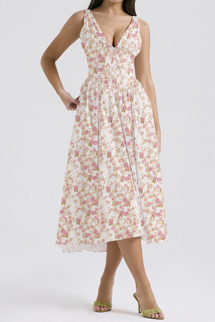 Ärmelloses Midi-Kleid V-Ausschnitt A-Line Blumendruck - Stoyan