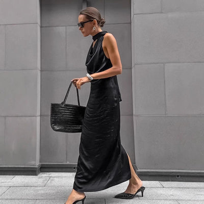 Damen Bodycon Midi Kleid Mit Halfterhals & Drapiertem Cowl-Ausschnitt - Kristíana