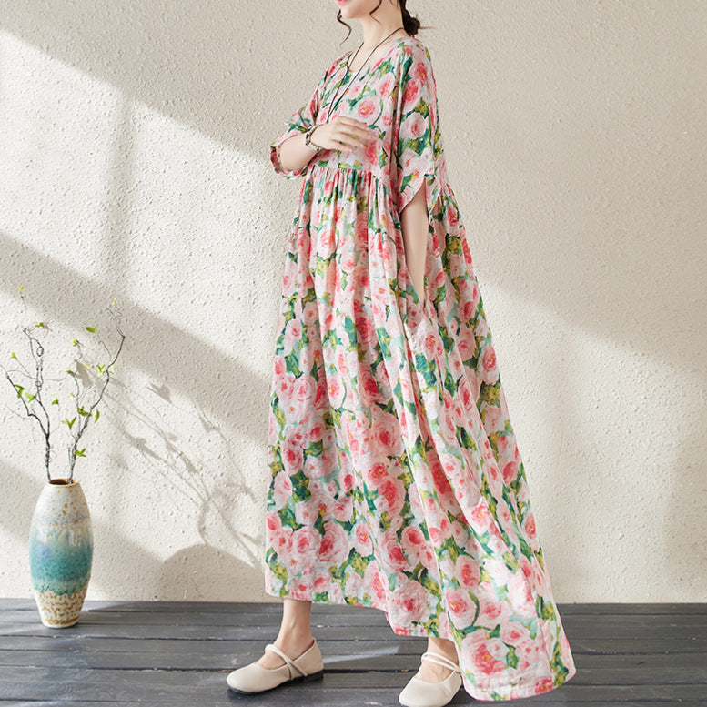 Yuna – Damen Boho Maxikleid mit Blumenprint & weitem Schnitt | Luftiges Sommerkleid mit Vintage-Flair