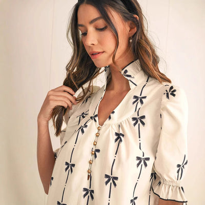 Damen A-Linien Kleid  mit Puffärmeln und Bogendetail - Salome