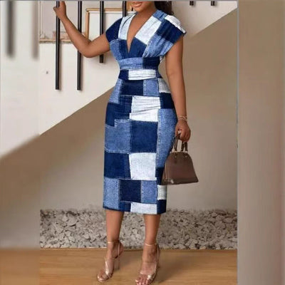 Natasja - Slim Fit Bodycon Damen Midi Kleid Patchwork