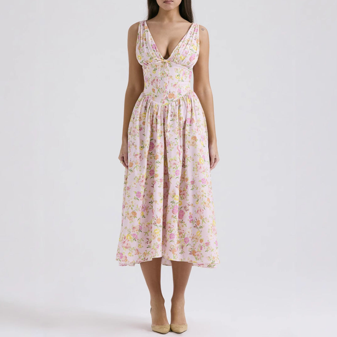 Ärmelloses Midi-Kleid V-Ausschnitt A-Line Blumendruck - Stoyan