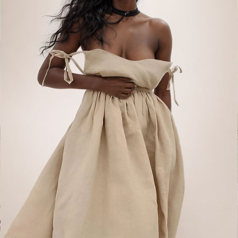 Solvej -  Damen Midi Kleid  V-Ausschnitt Mit Offener Rücken