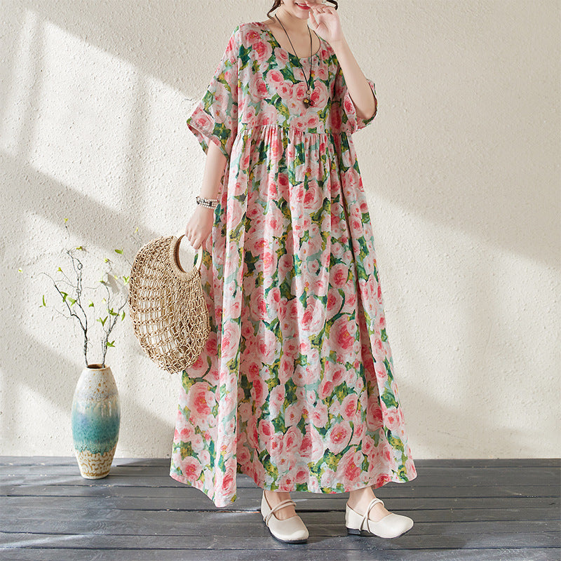Yuna – Damen Boho Maxikleid mit Blumenprint & weitem Schnitt | Luftiges Sommerkleid mit Vintage-Flair