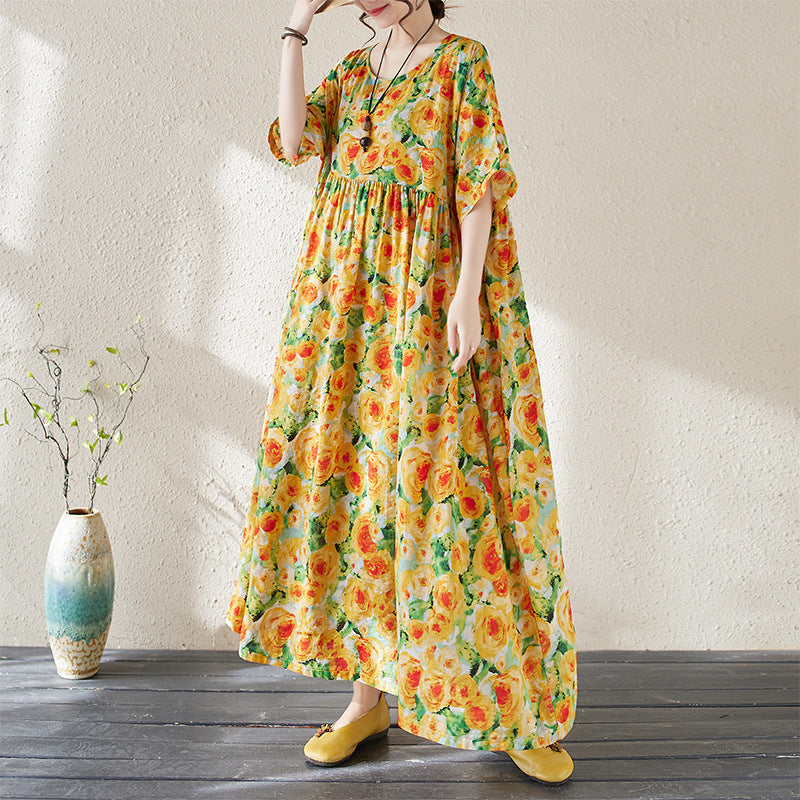 Yuna – Damen Boho Maxikleid mit Blumenprint & weitem Schnitt | Luftiges Sommerkleid mit Vintage-Flair