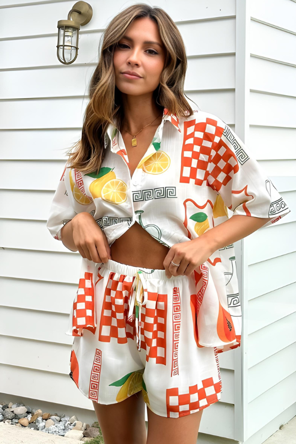 Übergrößes Hemd & Shorts Set für Damen im Zitronendruck - Nymeria