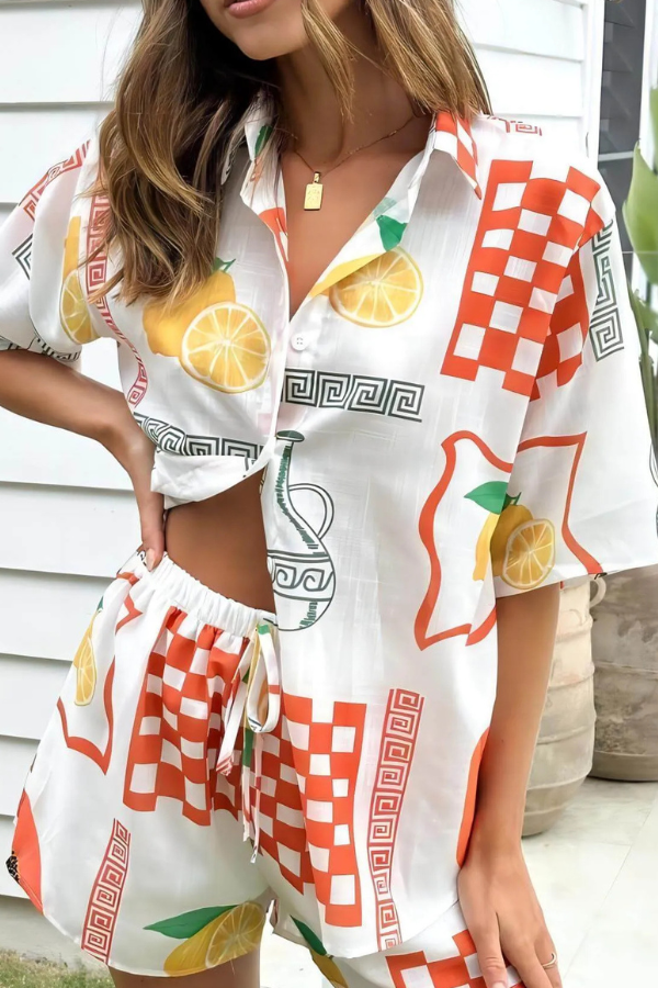 Übergrößes Hemd & Shorts Set für Damen im Zitronendruck - Nymeria