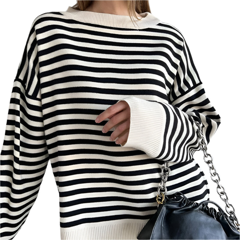 Damen Strickpullover Gestreift Oversize | Warmer Winterpullover mit Rundhals- und V-Ausschnitt