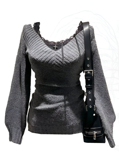 Klementine | Frau Gyaru Coquette V-Ausschnitt Französisch Vintage Pullover Langarm