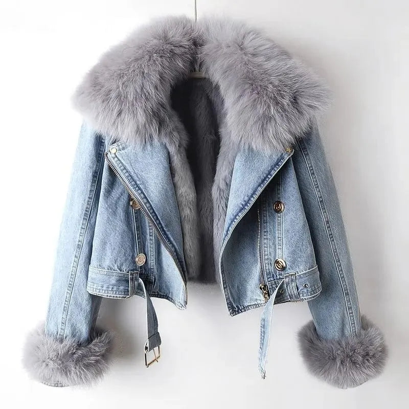 Luxe Denim Jacket mit Plüschbesatz für Frauen