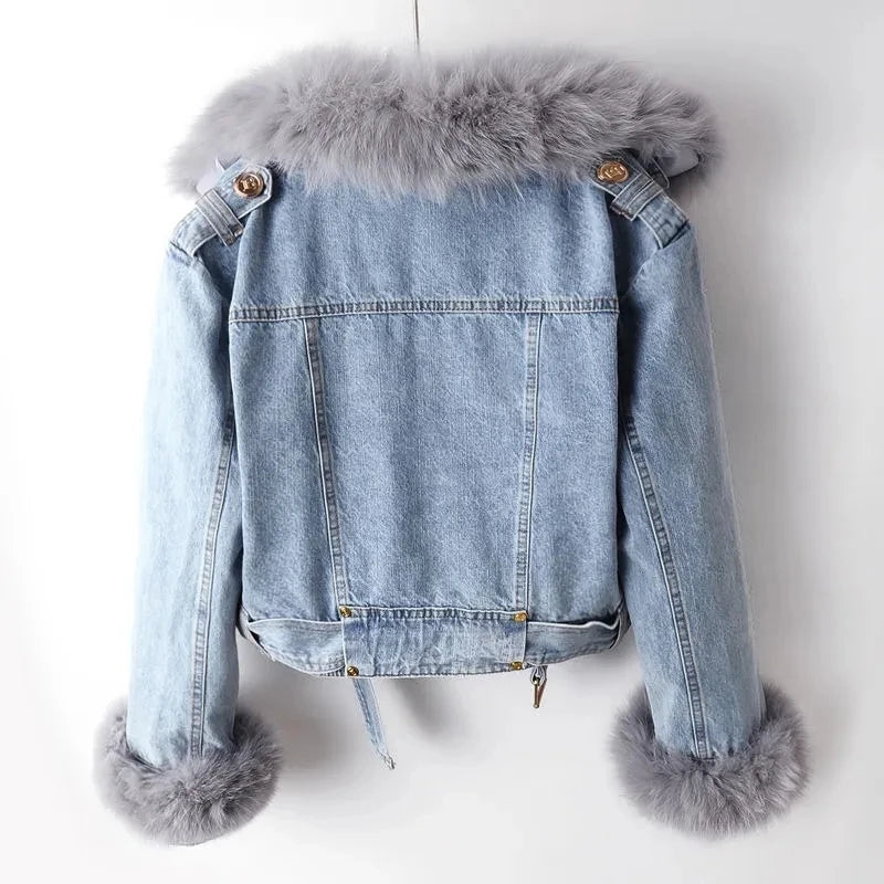 Luxe Denim Jacket mit Plüschbesatz für Frauen