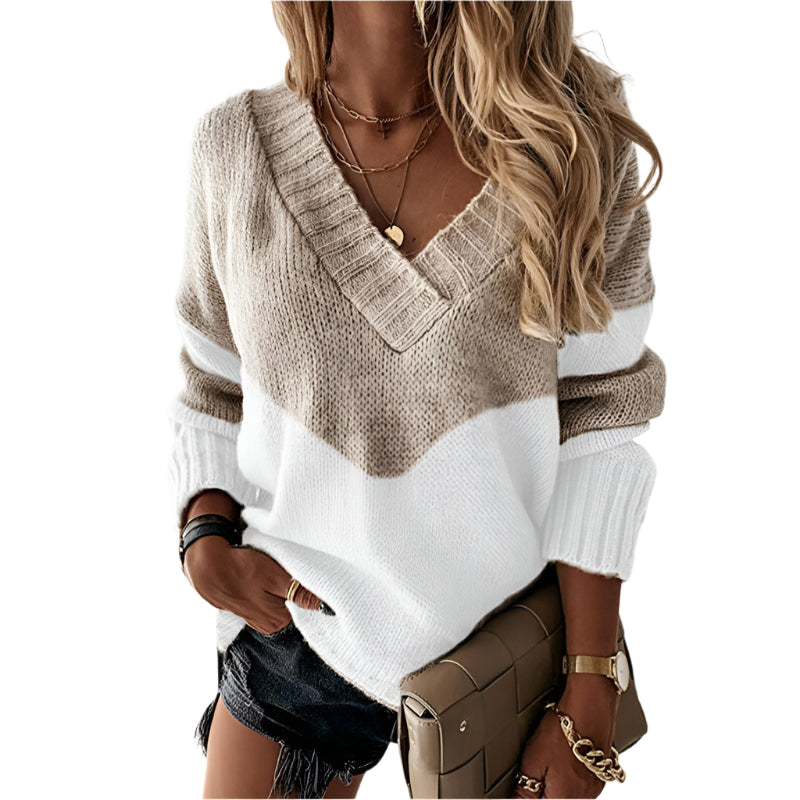 Warmer V-Ausschnitt Strickpullover mit Colourblock-Design für Damen | Weiche Baumwolle