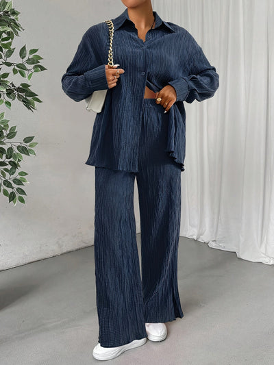 Elegantes Damen-Outfit Set: Langarm-Bluse mit Knopfleiste und elastische Taillenhose für Herbst/Winter