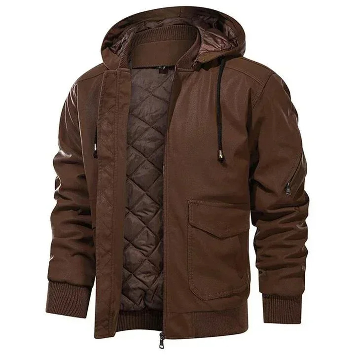 Robuste Herren Lederjacke mit Kapuze und praktischen Taschen