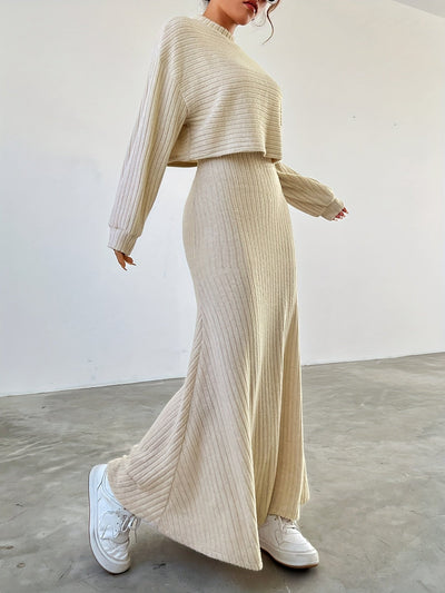 Elegantes Damen-Set: Langärmliges Oberteil mit Rundhals und Maxi-Kleid für Herbst und Winter