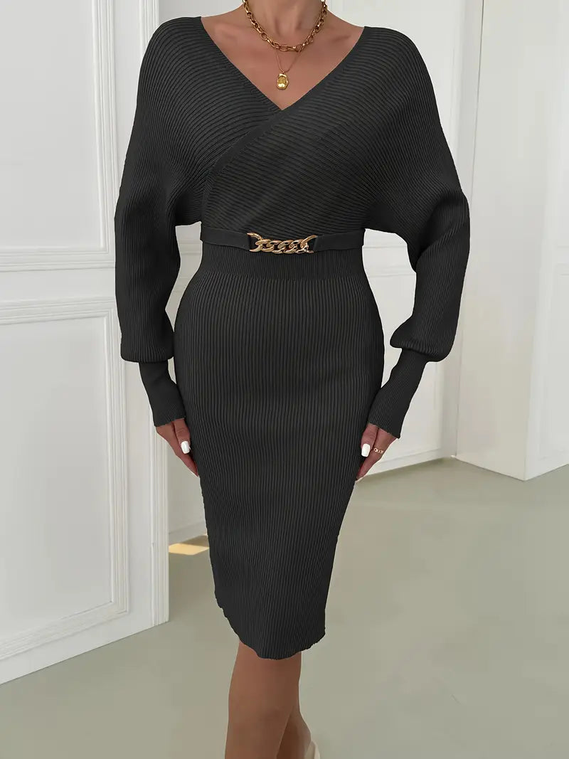 Damen Midikleid mit V-Ausschnitt und langen Ärmeln für Herbst und Winter