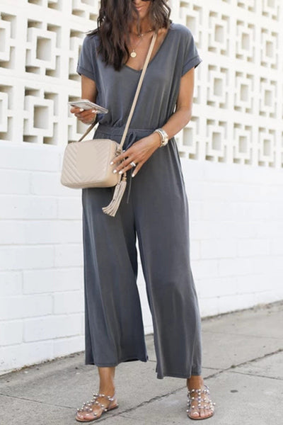 V-Ausschnitt Kurzarm Jumpsuit mit Elastischer Taille