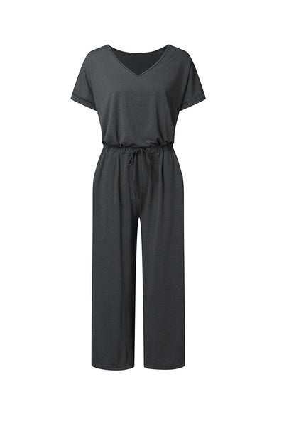 V-Ausschnitt Kurzarm Jumpsuit mit Elastischer Taille