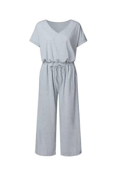 V-Ausschnitt Kurzarm Jumpsuit mit Elastischer Taille