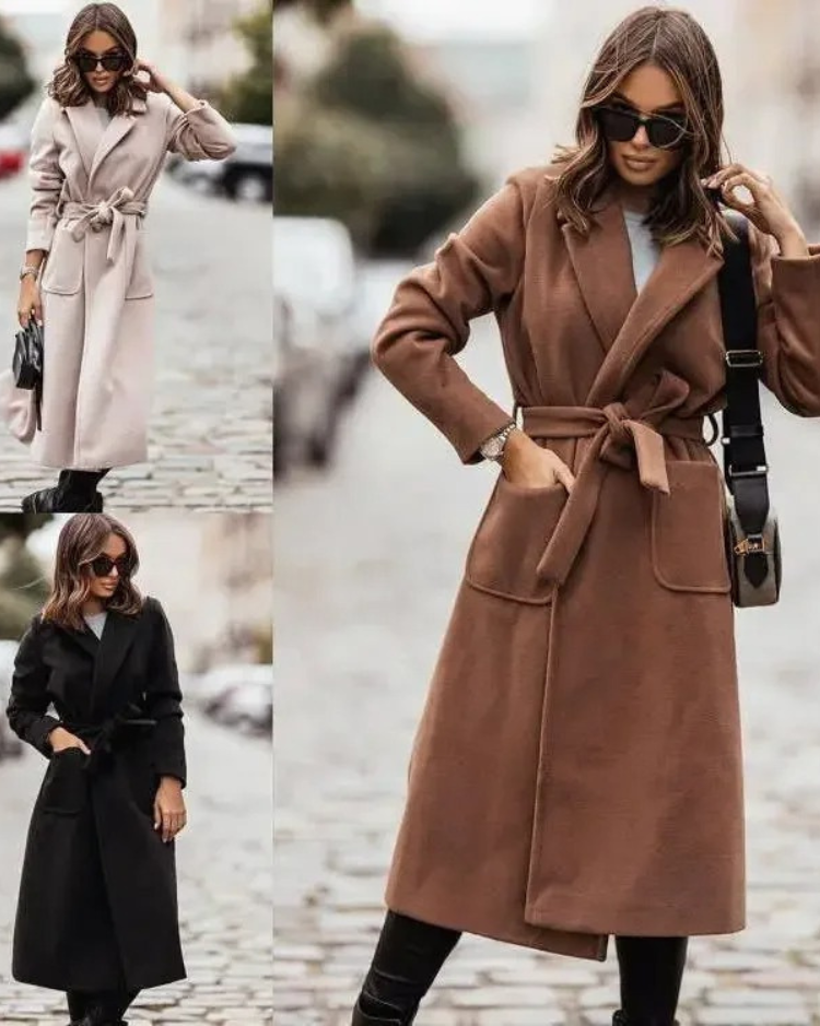Eleganter Damenmantel - Stylischer Wintermantel mit Revers und Gürtel
