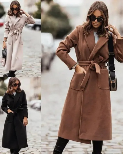 Eleganter Damenmantel - Stylischer Wintermantel mit Revers und Gürtel