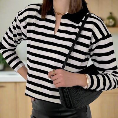 Damen Strickpullover Gestreift Oversize | Warmer Winterpullover mit Rundhals- und V-Ausschnitt