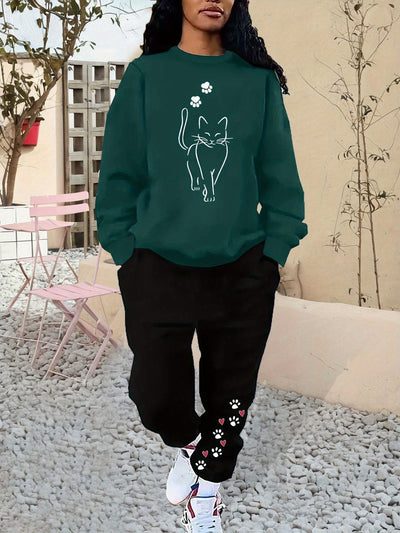 Kuscheliger Damen-Loungeanzug aus Baumwolle mit Katzenprint für Herbst und Winter