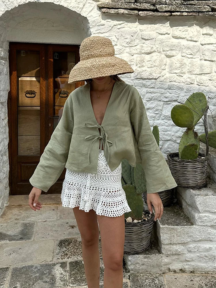 Damen Leinenbluse Leicht & Luftig mit Bindebändern