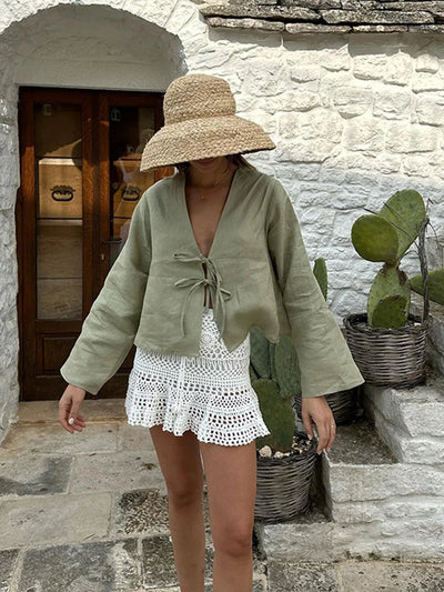 Damen Leinenbluse Leicht & Luftig mit Bindebändern