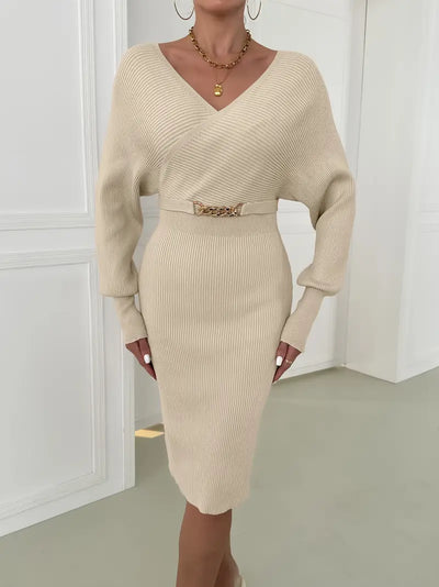 Damen Midikleid mit V-Ausschnitt und langen Ärmeln für Herbst und Winter