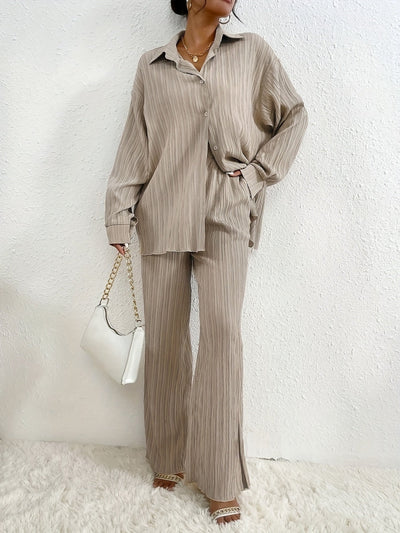 Elegantes Damen-Outfit Set: Langarm-Bluse mit Knopfleiste und elastische Taillenhose für Herbst/Winter