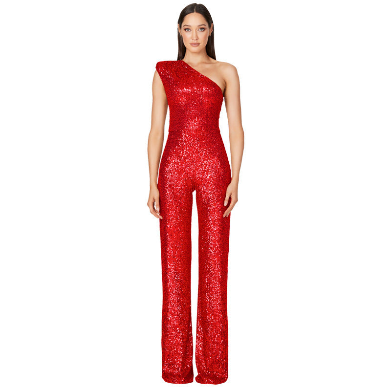 Diana – Ärmelloser Ein-Schulter-Pailletten-Jumpsuit