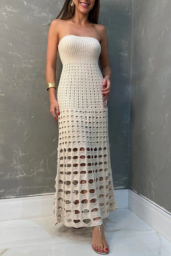 Oriana® | Rustikales, schulterfreies Patchwork-Maxikleid mit Ausschnitten