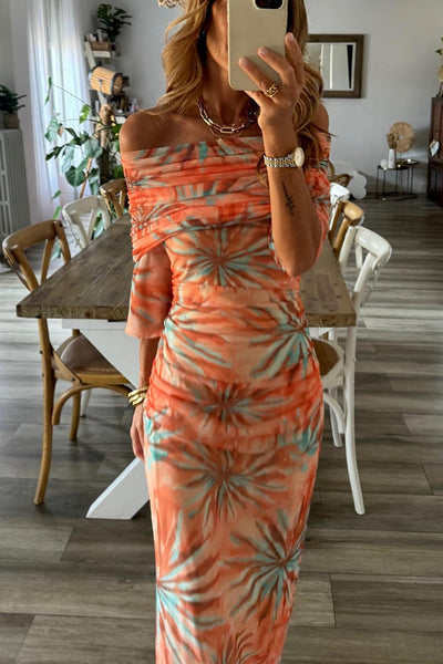 Ariana® | Orangefarbenes, bedrucktes Tüllkleid